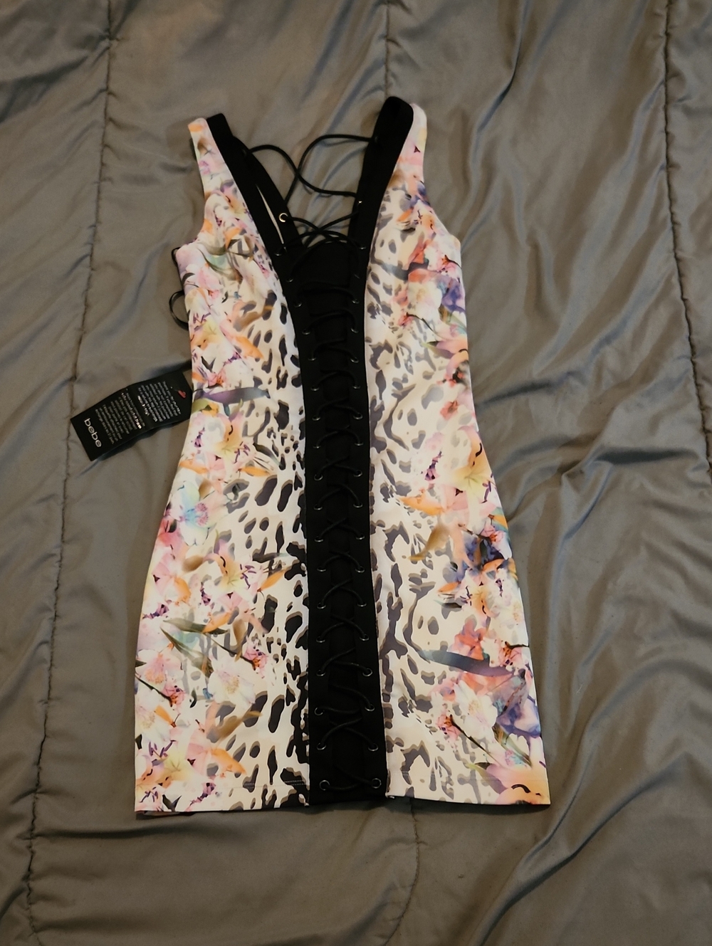 bebe Multicolor Floral & Animal Print Lace-Up Mini Dress with Black Trim